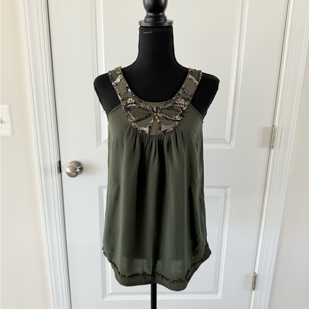 Anthropologie Olive Green Embellished Blouse